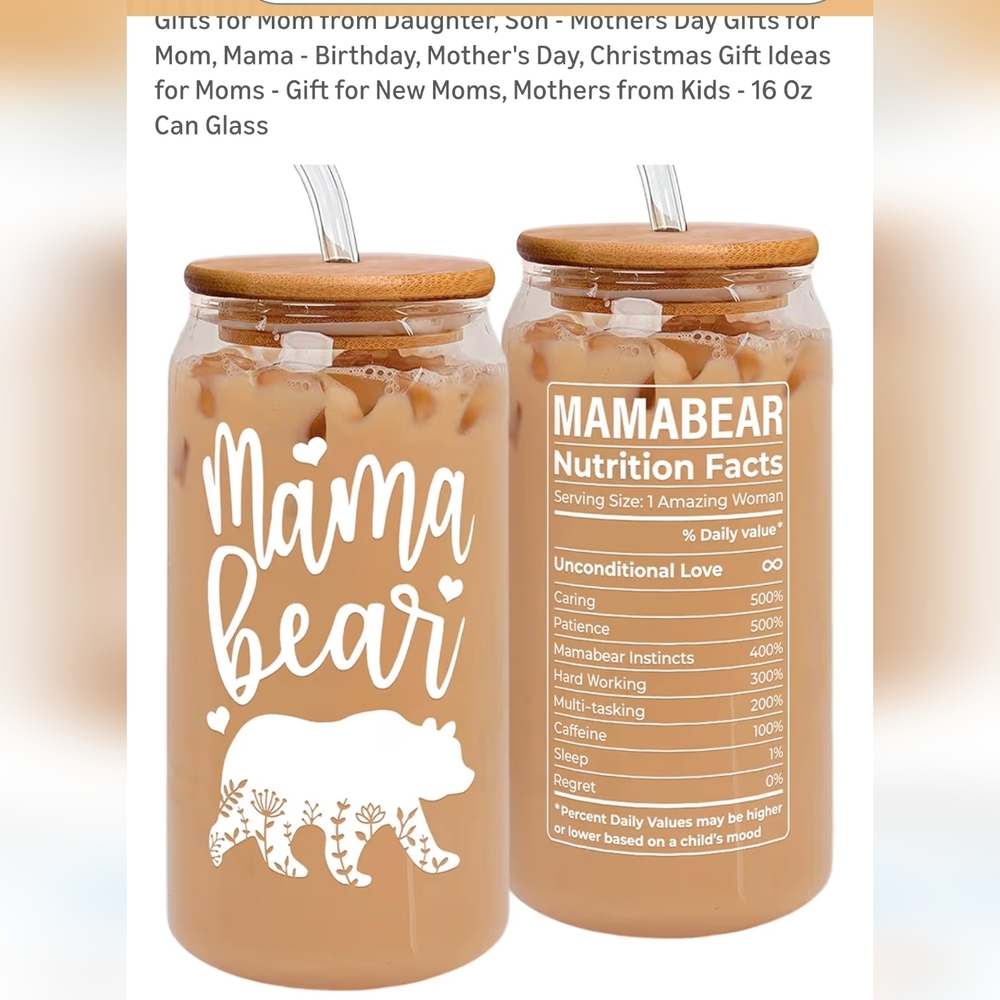 Mama Bear Glass Tumbler with Bamboo Lid